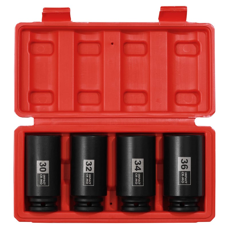 EMENTOL 4PCS 1/2"" Drive Deep Impact Socket Set  CR-MO  12 Point  Metric  Deep Spindle Axle Nut Impact Socket Set-30mm  32mm  34mm  36mm - Image 1